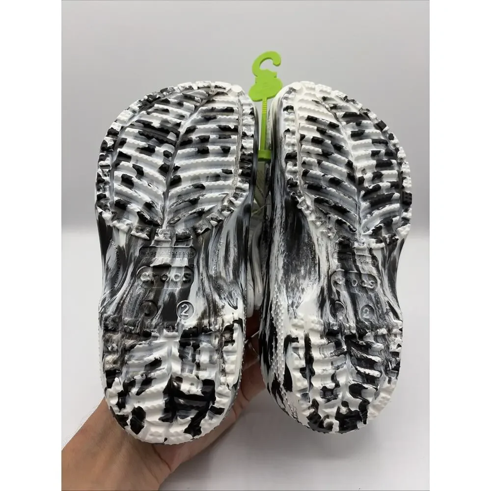 Crocs Classic Marbled Clog Kids Tie-Dye Black/White Slip-On Shoes Sizes J2